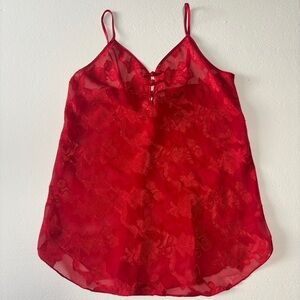 Linda Montreal Vintage Red Floral Lace Red Camisole Sheer Top Lingerie
